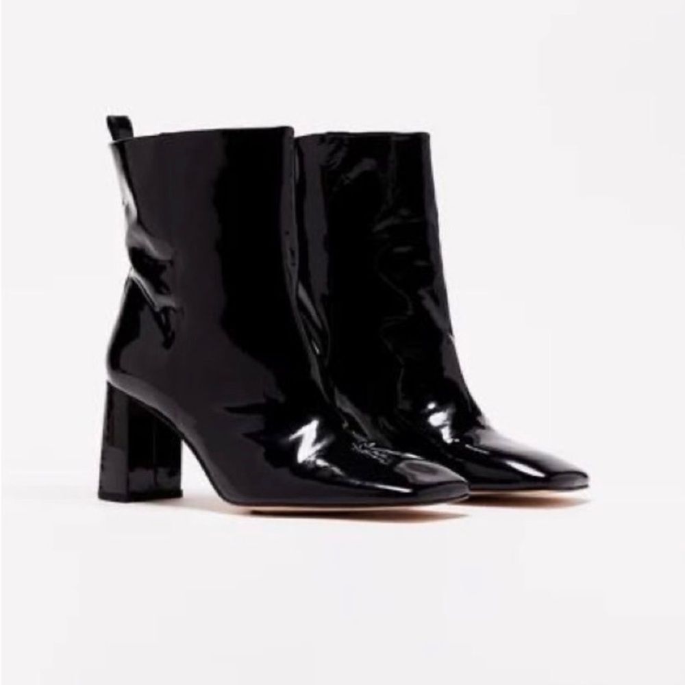 Good American Black Patent Leather Square Toe Block Heel Boots Women’s Shoe 8
